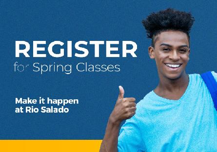 student holding two thumbs up. text: Register for spring classes