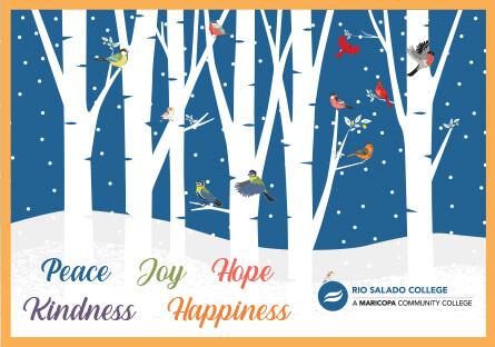 Snowy image of white trees and colorful birds perched on branches. text: Peace, Joy, Hope, Kindness, Happiness