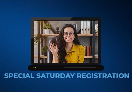 Image of a girl waving in a web meet with text: Special Saturday Registration