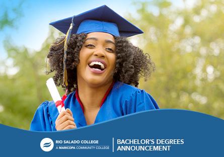 graduate smiling and holding her diploma. Text: Bachelor's Degree Announcements. Rio logo.