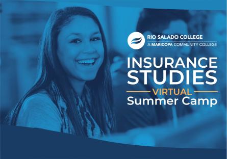 photo of a smiling female with blue overlay and Rio logo. text: Insurance Studies Summer Camp