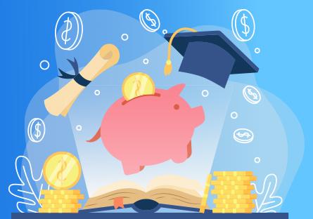 colorful graphic of a piggy bank, grad cap, diploma and coins