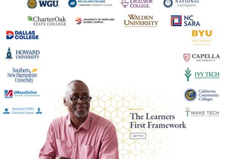 The Learners First Framework. Logos of 17 colleges surrounding a middle aged black man smiling with mobile device.