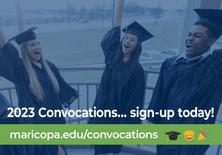 group of diverse college students with text: 2023 convocation, sign up today!