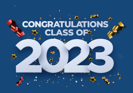 Festive party streamers and text: Congratulations Class of 2023