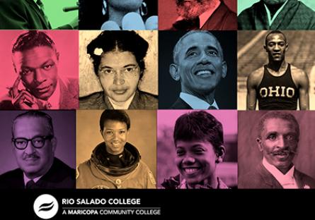 Collage of Black American icons. Text: Rio Salado College Black History Month virtual events.