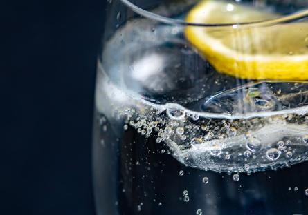 Sparkling water in a glass with lemon slice