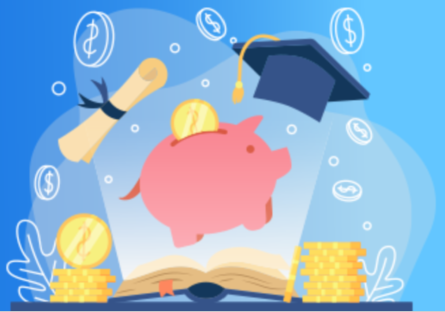 A piggybank, graduate cap, and diplomas overlaid on a blue backdrop