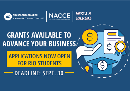 Text: Grants available to advance your business. Applications now open for Rio students. Deadline: Sept. 30