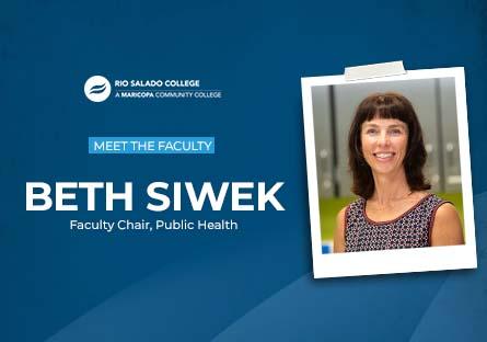 Image of Beth Siwek with text on blue background: Meet the Faculty Profile: Beth Siwek