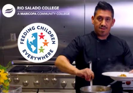 Rio Salado Chef serving a dish, Struggling with Hunger we can Help poster.