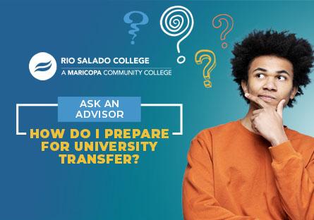 image of student thinking. graphics of question marks above head. text: Ask an Advisor: How Do I Plan for University Transfer?