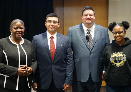 photo of panel students and moderator: Marci Ferrell, Jarom Agustin, Eric Sorenson, Hannah Watkins