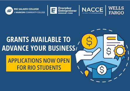 Graphic with dollar signs, hand and grad cap. Text: Grants available to advance your business. Applications now open for Rio students