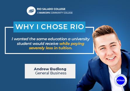 headshot of Andrew Budlong with text: Why I Chose Rio, Andrew Budlong, General Business