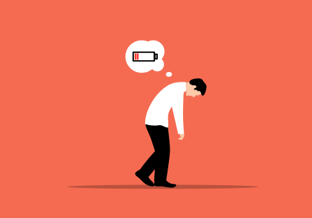 A stressed man with a low battery symbol hanging over his head
