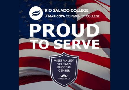 American Flag, Rio Salado and West Valley MVSC logos. Text: Proud to Serve.