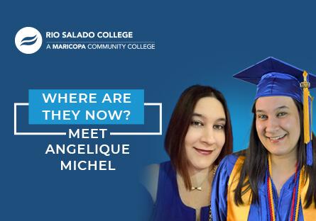 picture of graduate with text 'Where Are They Now? Meet Angelique Michel'
