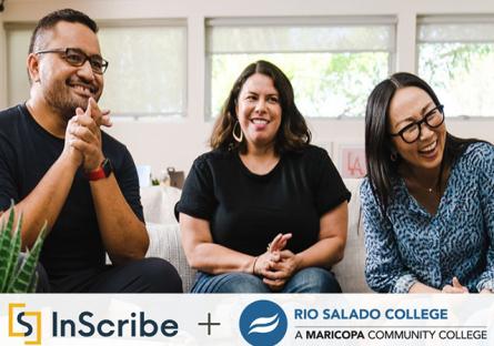  Group of diverse people gathered in a living room laughing.  Text: Inscribe + Rio Salado College