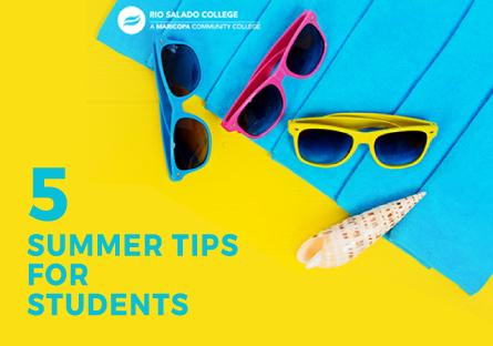 photo of sunglasses, a beach towel, and a seashell with text '5 summer tips for students'