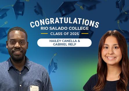 A congratulatory graphic for Rio Salado College’s Class of 2025 features two graduates: a smiling man on the left wearing a blue button-up shirt and name badge, and a smiling woman on the right in a black top. The background includes blue and green gradient tones with illustrated graduation caps flying in the air. Text in the center reads: “Congratulations Rio Salado College Class of 2025 – Hailey Canella & Gabriel Relf.”