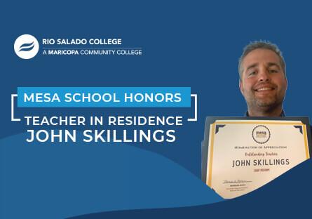 photo of John Skillings with text 'Mesa School honors Teacher In Residence John Skillings'