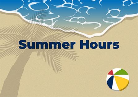 Illustration of a beach scene with ocean waves at the top, tan sand, a palm tree shadow, and a colorful beach ball in the bottom right corner. Bold navy text in the center reads “Summer Hours.”
