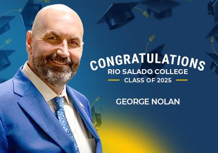 A congratulatory graphic for Rio Salado College’s Class of 2025 features graduate George Nolan. He is dressed in a sharp blue suit with a patterned tie, smiling confidently against a backdrop of flying graduation caps. The text reads: “Congratulations Rio Salado College Class of 2025 – George Nolan.”