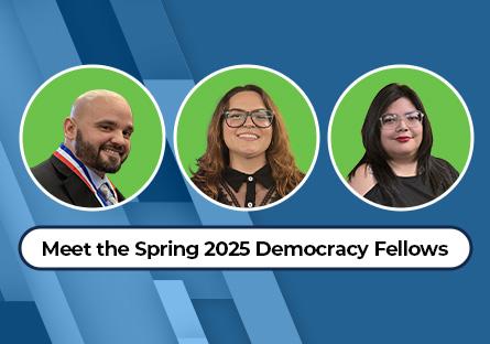 A promotional graphic introduces the Spring 2025 Democracy Fellows from Rio Salado College. Three individuals are shown in circular photo frames on a blue geometric background. From left to right: Angelo Lopez, a man with a shaved head and beard wearing a medal and dark suit; Marielena Aguirre, a woman with straight dark hair and red lipstick wearing a black top; and Lucero Arciniega, a smiling woman with long hair and glasses. Below their portraits, text reads: “Meet the Spring 2025 Democracy Fellows.”