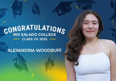 A congratulatory graphic for Rio Salado College Class of 2025 graduate Alexandria Woodruff. She is smiling and wearing a white halter top against a colorful background with blue, green, and yellow gradients and floating graduation caps. Text reads: “Congratulations Rio Salado College Class of 2025 – Alexandria Woodruff.”