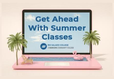 Picture of a laptop with palm trees and a pool. Text 'Get Ahead With Summer Classes'