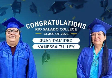 A celebratory graphic featuring Rio Salado College Class of 2025 graduates Juan Ramirez and Vanessa Tulley. Both are wearing blue caps and gowns and smiling proudly. The background features floating graduation caps and a gradient of blue and green. Text above them reads: “Congratulations Rio Salado College Class of 2025,” with their names displayed at the bottom: Juan Ramirez and Vanessa Tulley.