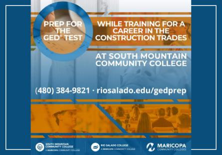photo of construction worker with text: Prep for the GED test while training for a career in the construction trades at SMCC