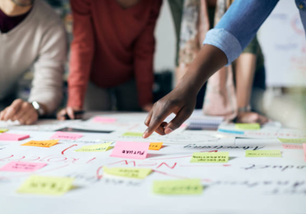 A group of people making a map with post-it notes
