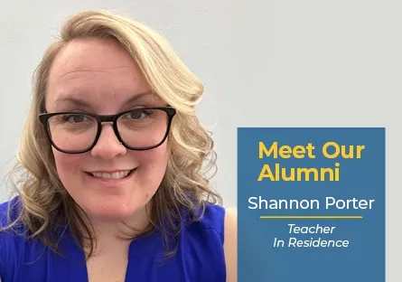 Shannon Porter, a Rio Salado College alumna, smiles in a close-up portrait against a plain light-colored wall. She is wearing glasses and a royal blue sleeveless top. A graphic overlay reads: “Meet Our Alumni – Shannon Porter – Teacher In Residence.”
