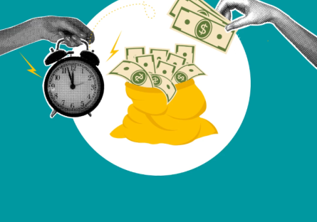 A hand holds up an alarm clock over a bag of cash while another hand takes money out of it