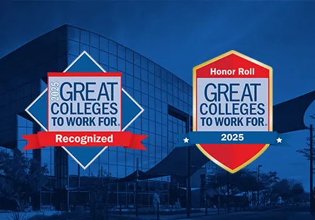 A promotional graphic celebrates Rio Salado College’s recognition in the 2025 Great Colleges to Work For program. The background shows a modern glass-walled campus building with a blue overlay. In the foreground, two award-style badges are displayed: one diamond-shaped badge reads “2025 Great Colleges to Work For – Recognized,” and one shield-shaped badge reads “Honor Roll – Great Colleges to Work For – 2025.”