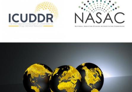 ICUDDR and NASAC logos sitting above three globes of the earth featuring major continents in gold.