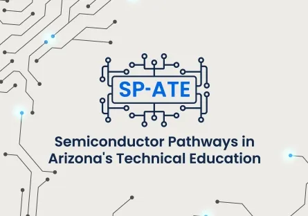 Graphic with a blue circuit-board design on a light background. At the center is a microchip icon containing the text “SP-ATE.” Below it reads: “Semiconductor Pathways in Arizona’s Technical Education.”