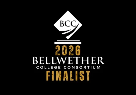 Graphic with a black background featuring the Bellwether College Consortium logo at the top. Below it, large gold and white text reads: "2026 Bellwether College Consortium Finalist."