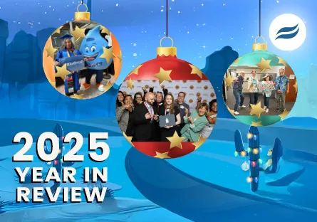 Graphic titled '2025 Year in Review' featuring three hanging holiday ornaments displaying photos of Rio Salado College students, staff, and celebrations against a blue winter-themed background.