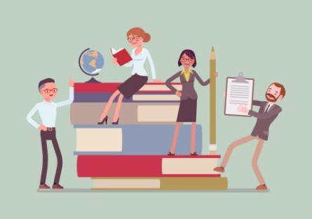 Illustration of 4 teachers standing on giant books holding pencil and clipboard.