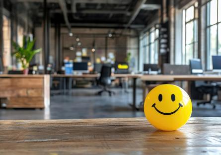 A smiley face ball on a desk in an office