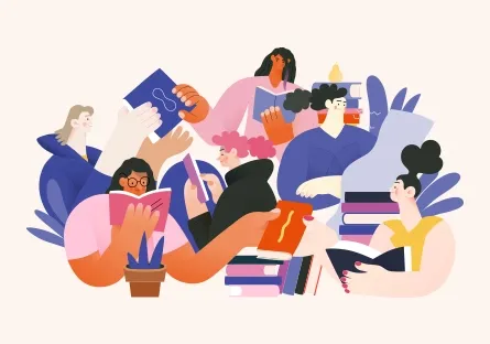 Illustration of a diverse group of people reading books in a relaxed, collaborative setting, surrounded by stacked books and plants, representing learning and community engagement.