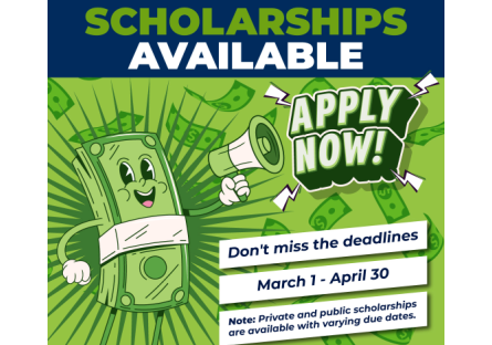 Scholarships Available Apply Now! (man made of cash holding megaphone)
