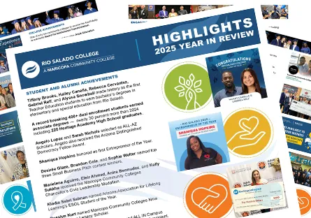 A colorful “Highlights 2025 Year in Review” flyer featuring student achievements, photos, and icons representing community impact and success.
