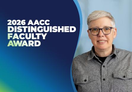 Portrait of Dr. Donna Tannehill with short gray hair and glasses smiling against a blue background, with text reading “2026 AACC Distinguished Faculty Award.”