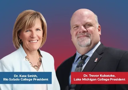 Portraits of Dr. Kate Smith and Dr. Trevor Kubatzke smiling against a gradient background, with text identifying them as Rio Salado College President and Lake Michigan College President.
