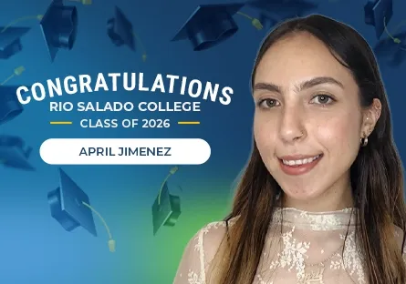 Portrait of April Jimenez smiling against a blue background with graduation caps, with text reading “Congratulations Rio Salado College Class of 2026.”