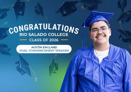 **Commencement speaker graphic** A graduate in a blue cap and gown smiles beside text that reads “Congratulations Rio Salado College Class of 2026” and identifies Austin England as the Dual Commencement Speaker.